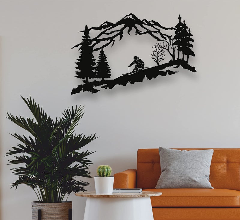 DEKADRON Metal Skier Wall Art, Mountain and Trees Themed Wall Art, Metal Wall Decor, Ski Lover Gift, Home Decoration, Wall Hangings (24" W x 15" H / 60x38 cm) - Image 2